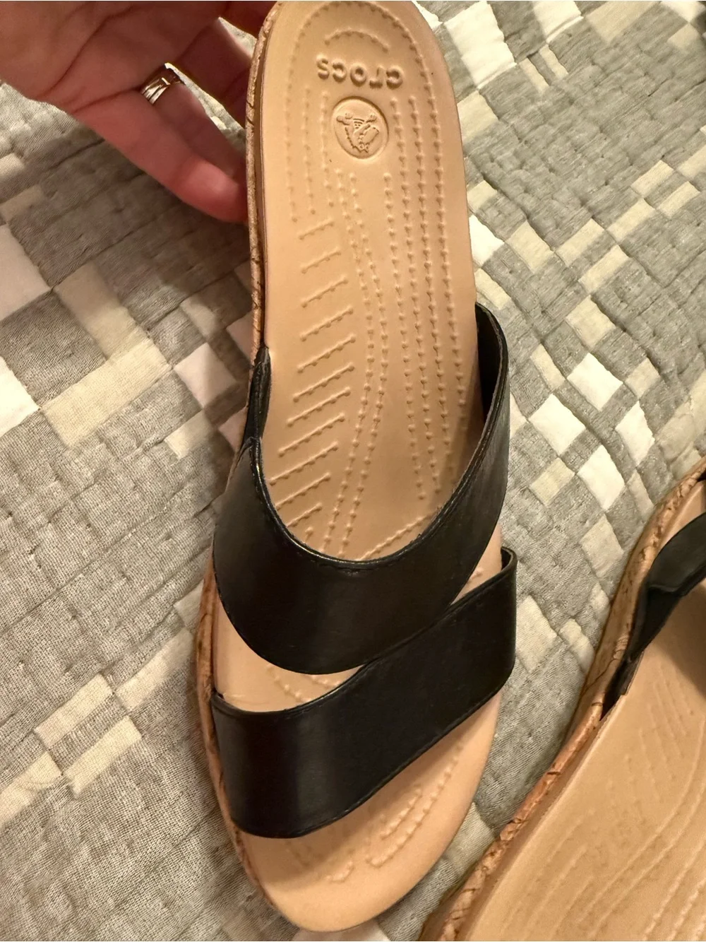 CROCS Black Leather-Look Cork Wedge Sandals